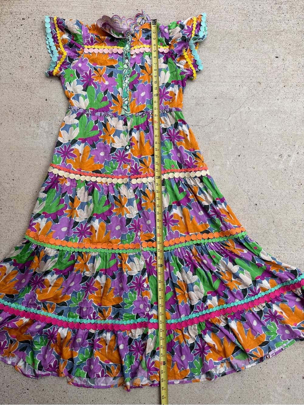 CeliaB Aneeta Floral Tiered Midi Dress Scalloped Ruffle Pom Pom Rickrack Sz L - Picture 9 of 9